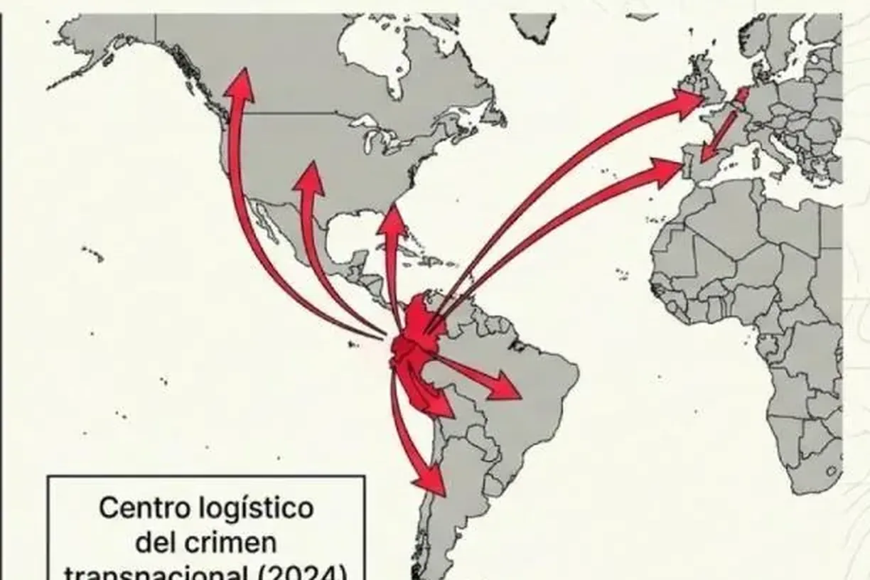 Mapa: rutas de exportación de cocaína radiando desde Ecuador hacia Norteamérica y Europa