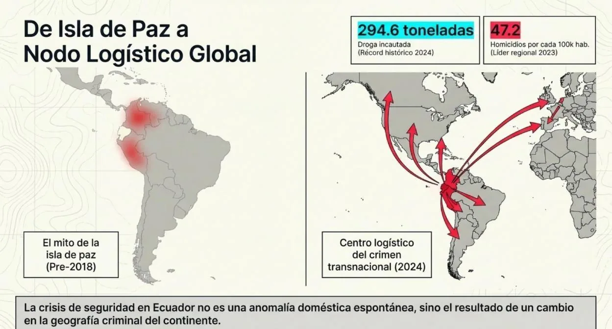 Infografía: de isla de paz a nodo logístico global. Mapas de incautaciones récord (294,6 toneladas en 2024) y tasa de homicidios líder regional (47,2 por cada cien mil habitantes en 2023).