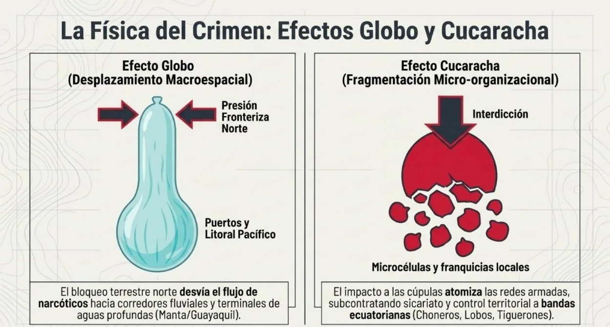 Infografía: la física del crimen. El efecto globo desvía el flujo hacia corredores fluviales; el efecto cucaracha atomiza las redes armadas en microcélulas y franquicias locales.