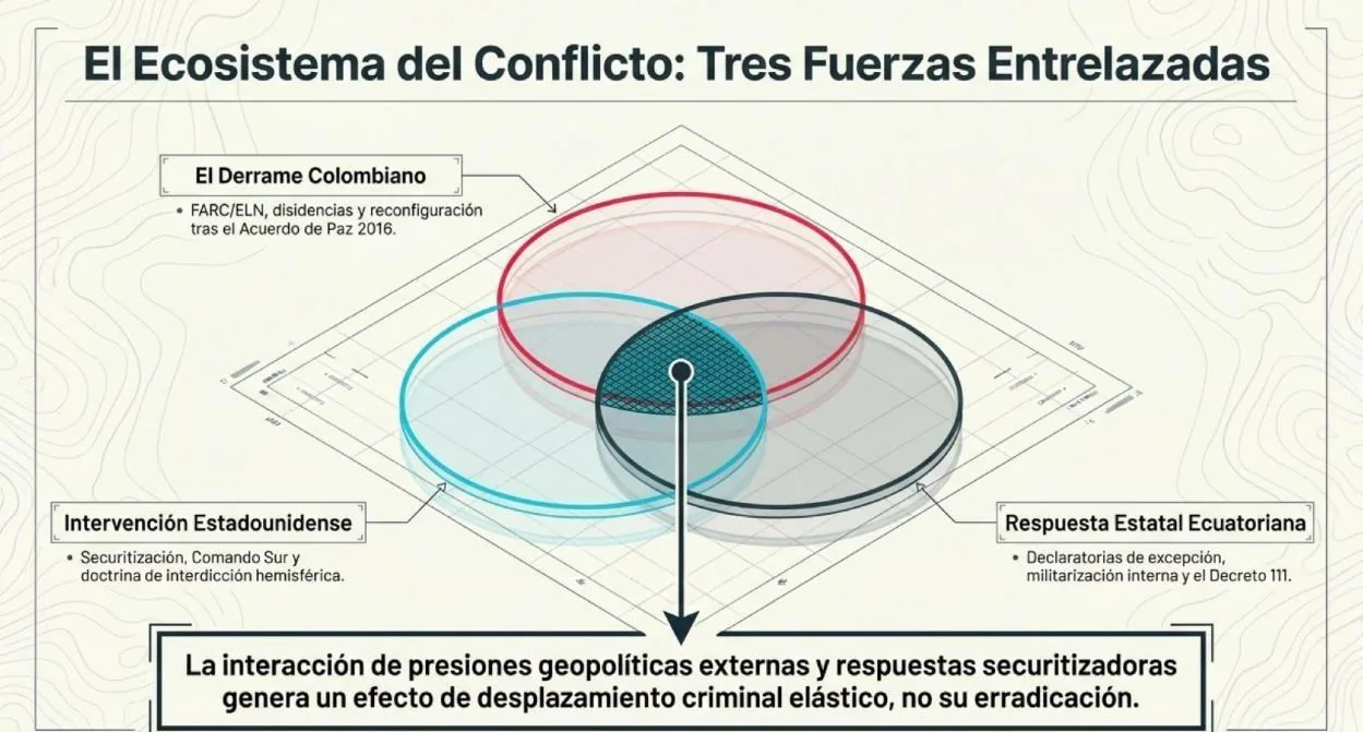 Infografía: el ecosistema del conflicto. La interacción entre el derrame colombiano, la intervención estadounidense y la respuesta estatal ecuatoriana.