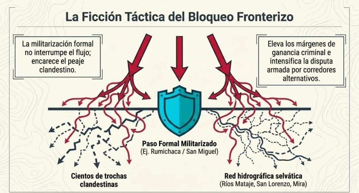 Infografía: la ficción táctica del bloqueo fronterizo. La militarización de pasos formales desplaza el flujo hacia trochas clandestinas y la red hidrográfica de los ríos Mataje, San Lorenzo y Mira.
