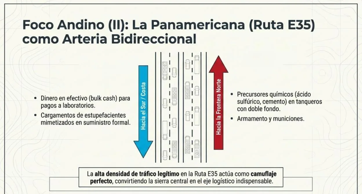 Infografía: foco andino (II). La Panamericana (Ruta E35) como arteria bidireccional de precursores químicos, armamento y efectivo.