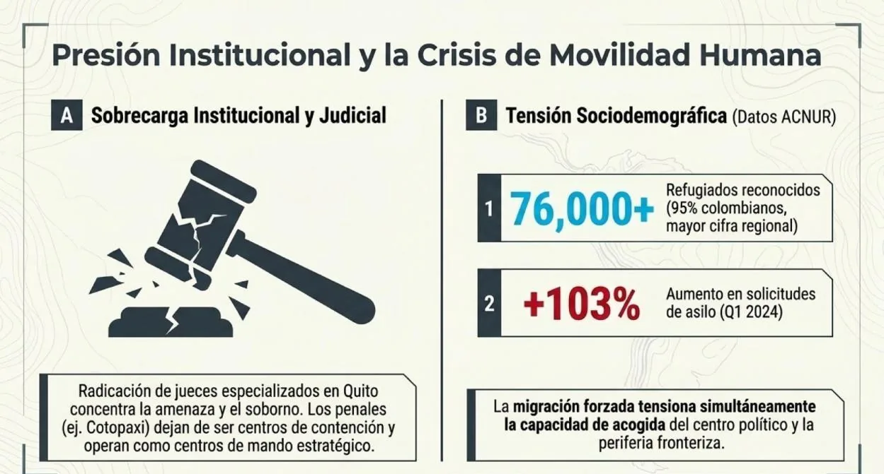 Infografía: presión institucional y crisis de movilidad humana. Sobrecarga judicial y más de 76.000 personas refugiadas reconocidas, el 95% de origen colombiano.