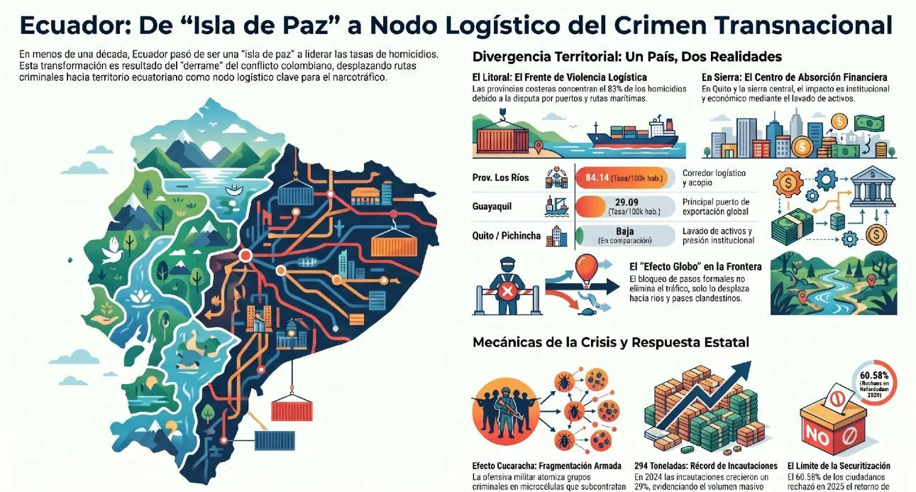 Infografía-resumen: divergencia territorial. El litoral como frente de violencia logística y la sierra como centro de absorción financiera; síntesis del país en dos realidades.