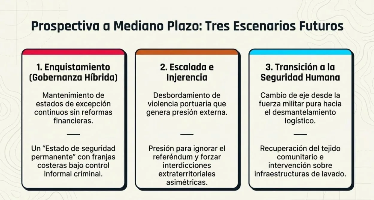 Infografía: prospectiva a mediano plazo. Tres escenarios futuros: enquistamiento de la gobernanza híbrida, escalada e injerencia extraterritorial, o transición hacia la seguridad humana.