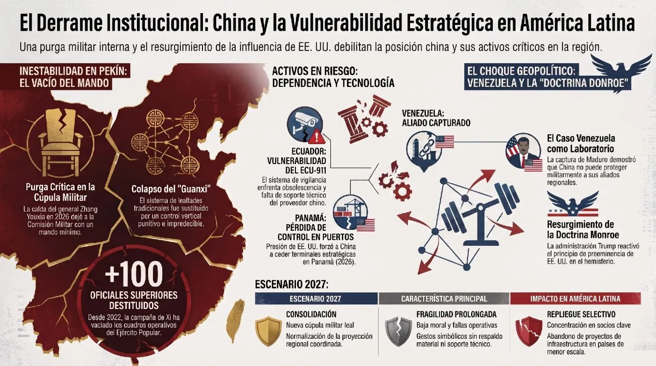 Infografía de síntesis: una purga militar interna en Pekín y el resurgimiento de la influencia de Estados Unidos debilitan la posición china y sus activos críticos en América Latina; más de cien oficiales superiores destituidos desde 2022 y tres escenarios hacia 2027 (consolidación, fragilidad prolongada, repliegue selectivo).