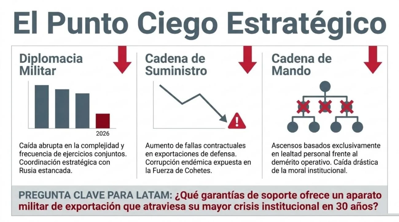 Infografía «El punto ciego estratégico»: tres vectores en descenso —diplomacia militar (caída abrupta en la complejidad y frecuencia de ejercicios conjuntos, coordinación con Rusia estancada), cadena de suministro (aumento de fallas contractuales en exportaciones de defensa, corrupción endémica en la Fuerza de Cohetes) y cadena de mando (ascensos por lealtad personal frente al mérito operativo, caída de la moral institucional)—.