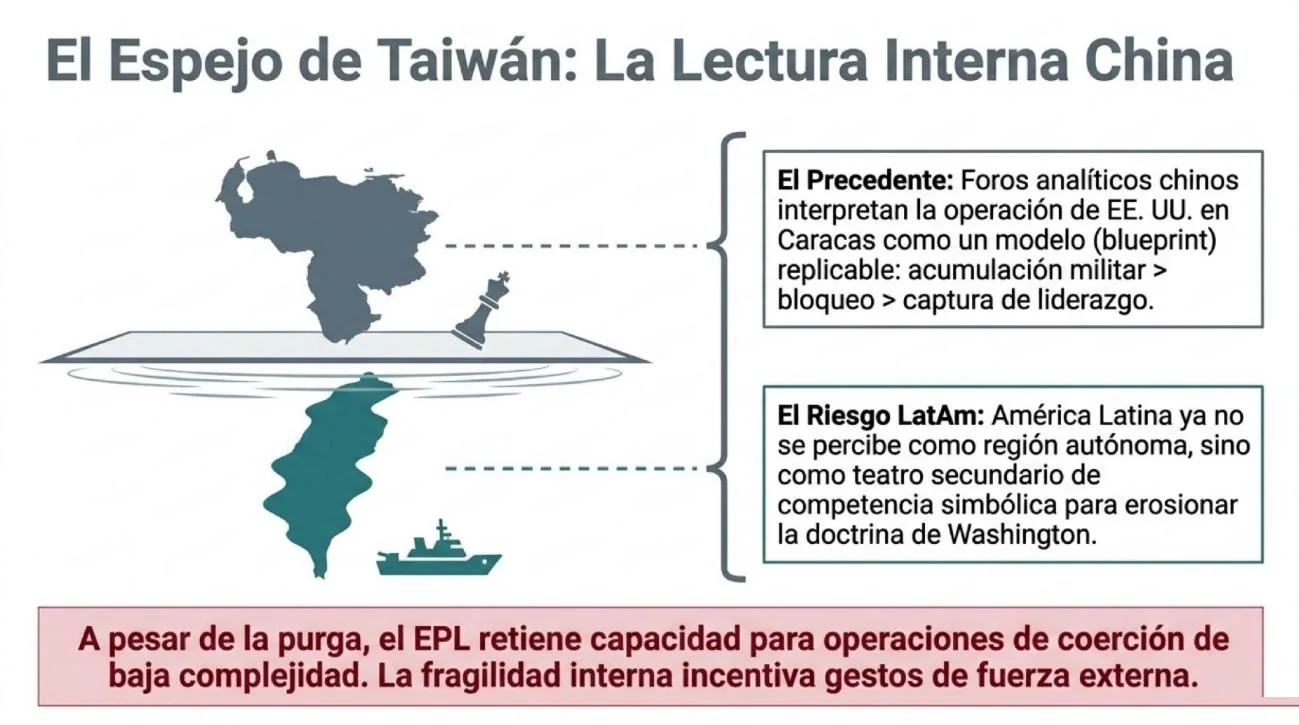 Infografía «El espejo de Taiwán»: foros analíticos chinos interpretan la operación de Estados Unidos en Caracas como un modelo replicable —acumulación militar, bloqueo marítimo y captura del liderazgo—; el riesgo para América Latina es dejar de percibirse como región autónoma para volverse teatro secundario de la competencia simbólica que busca erosionar la doctrina de Washington.