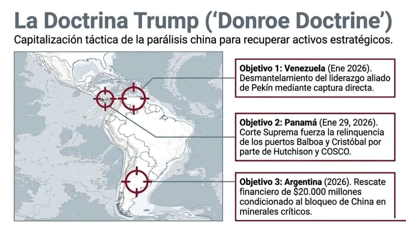 Mapa de América Latina con tres objetivos de la «Doctrina Donroe»: Objetivo 1, Venezuela (enero de 2026, desmantelamiento del liderazgo aliado de Pekín mediante captura directa); Objetivo 2, Panamá (29 de enero de 2026, la Corte Suprema fuerza la relinquencia de los puertos de Balboa y Cristóbal por parte de Hutchison y COSCO); Objetivo 3, Argentina (2026, rescate financiero de 20.000 millones de dólares condicionado al bloqueo de China en minerales críticos).