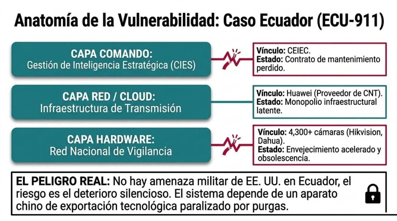 Infografía «Anatomía de la vulnerabilidad: caso Ecuador (ECU-911)» en tres capas: capa de comando (Centro de Inteligencia Estratégica, con el contrato de mantenimiento de CEIEC perdido); capa de red y nube (Huawei como proveedor de CNT, monopolio infraestructural latente); capa de hardware (más de 4.300 cámaras Hikvision y Dahua, envejecimiento acelerado y obsolescencia); el peligro real no es una amenaza militar directa sino el deterioro silencioso.