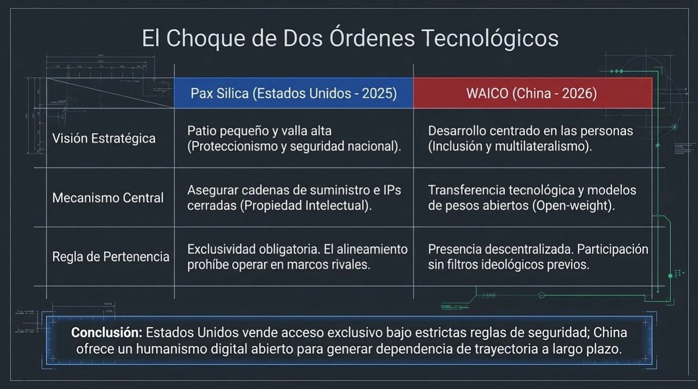 Tabla comparativa entre Pax Silica (Estados Unidos) y WAICO (China): visión estratégica, mecanismo central, regla de pertenencia y conclusión sobre el humanismo digital chino frente al acceso condicionado estadounidense.