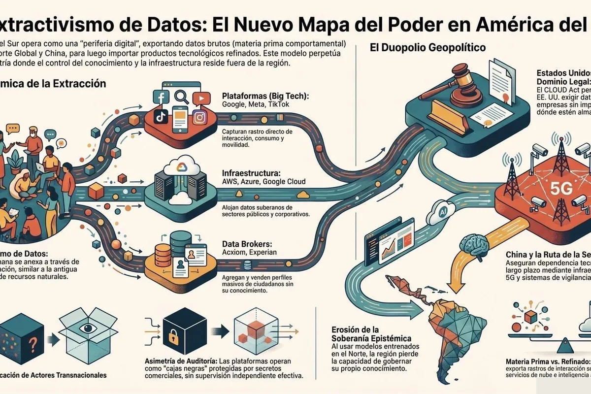 Infografía: el extractivismo de datos como nuevo mapa del poder en América del Sur, con el flujo de datos brutos hacia el Norte global y China