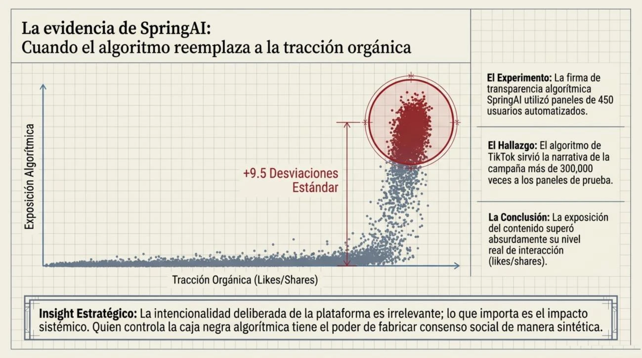 Gráfico de dispersión de la evidencia de SpringAI: la narrativa central de la campaña recibió picos de hasta 9.5 desviaciones estándar de amplificación algorítmica muy por encima de lo que explicaría su tracción orgánica de interacción.