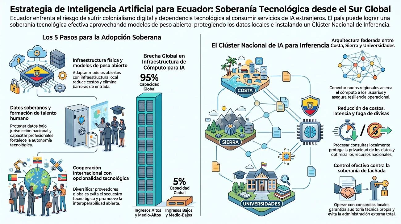 Infografía de síntesis de la estrategia de inteligencia artificial para Ecuador: los cinco pasos (infraestructura, modelos de peso abierto, datos soberanos, talento humano y cooperación internacional) convergiendo hacia la propuesta de un clúster nacional de inferencia.