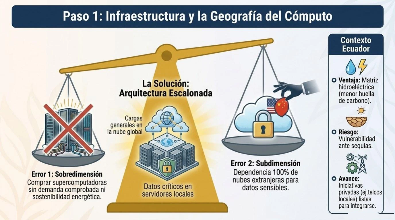 Paso 1: mapa de la infraestructura de cómputo y la geografía de los centros de datos, con el caso de Telconet en Ecuador como ejemplo de inversión local en infraestructura de IA.