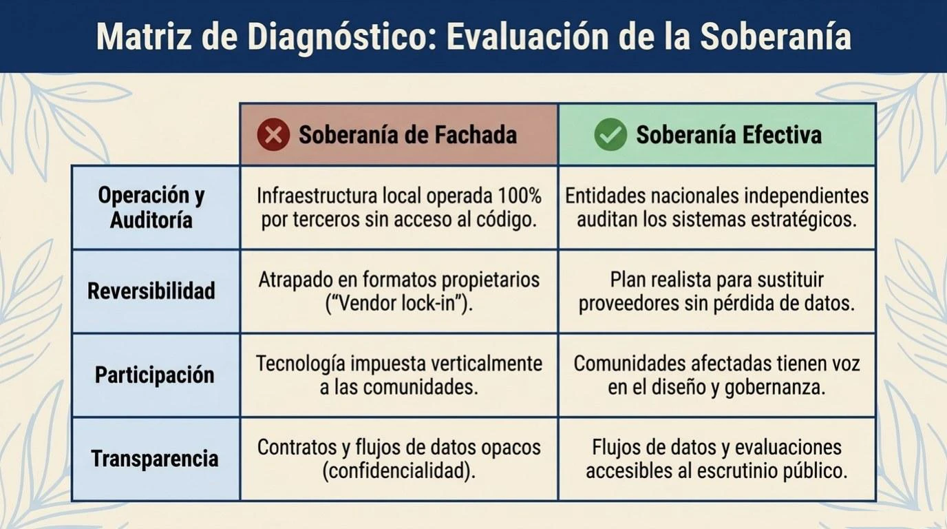 Matriz de diagnóstico para evaluar el grado real de soberanía tecnológica de una iniciativa de IA, distinguiendo entre soberanía efectiva y soberanía meramente nominal o «de fachada».