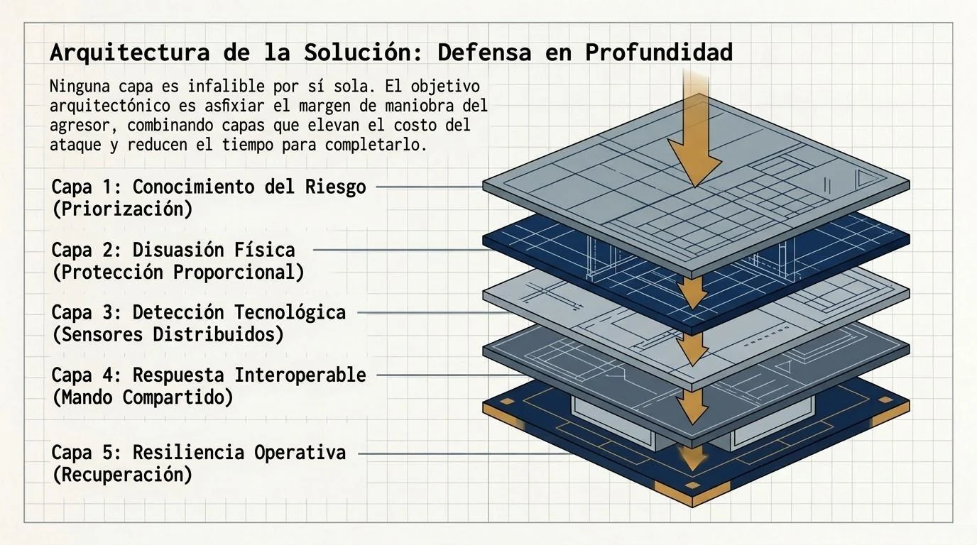 Pila de cinco capas de la arquitectura de defensa en profundidad: conocimiento del riesgo, disuasión física proporcional, detección tecnológica distribuida, respuesta interoperable y resiliencia operativa.