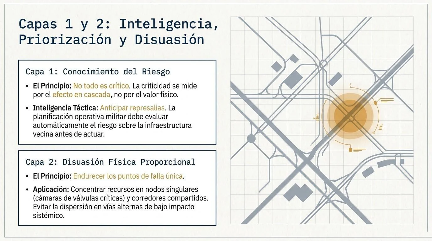Capas 1 y 2: principios y aplicaciones del conocimiento del riesgo (criticidad por efecto en cascada) y de la disuasión física proporcional (concentrar recursos en nodos singulares y corredores compartidos), junto a un mapa de corredores y nodos.