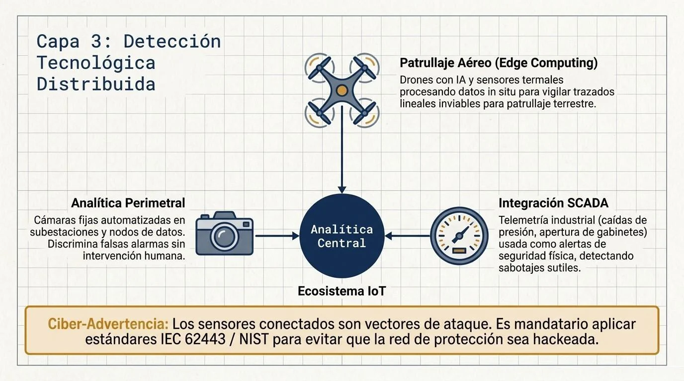 Capa 3: ecosistema de detección tecnológica distribuida, con patrullaje aéreo mediante drones, analítica perimetral, integración con sistemas SCADA y una analítica central, y la advertencia de aplicar las normas IEC 62443 y NIST para que los sensores no se conviertan en vectores de ataque.
