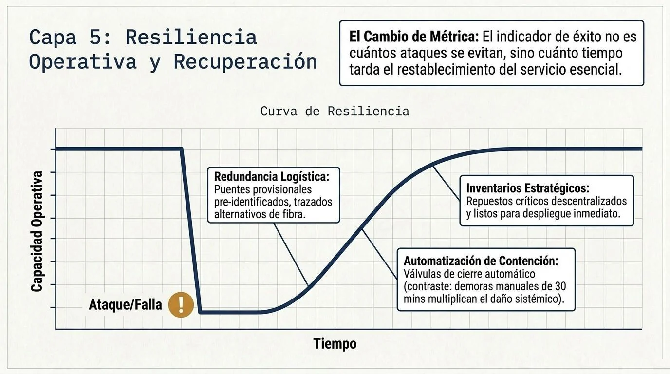 Capa 5: curva de resiliencia operativa, que mide el tiempo de restablecimiento del servicio tras el ataque y señala la redundancia logística, los inventarios estratégicos y la automatización de contención como medidas que acortan la caída.