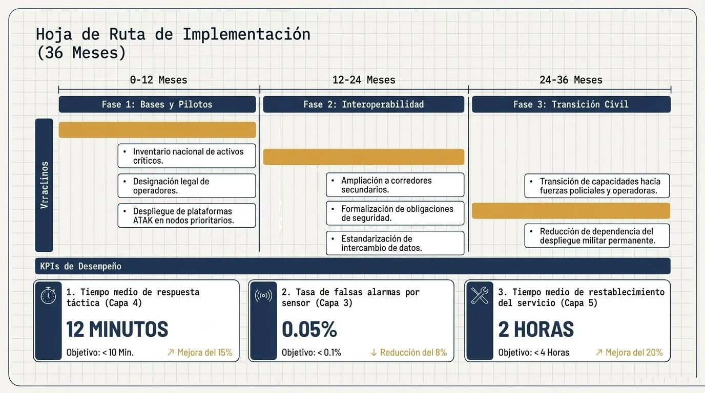 Hoja de ruta de implementación a treinta y seis meses en tres fases (bases y pilotos, interoperabilidad, transición civil) con sus hitos y tres indicadores de desempeño: tiempo medio de respuesta táctica, tasa de falsas alarmas por sensor y tiempo medio de restablecimiento del servicio.